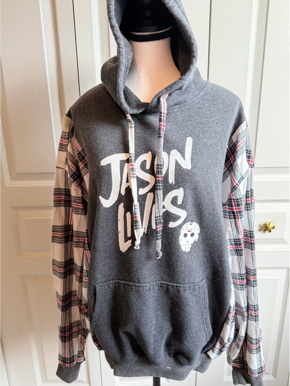 Jason Lives Graphic Hoodie with Plaid Sleeves and Hooded Collar.